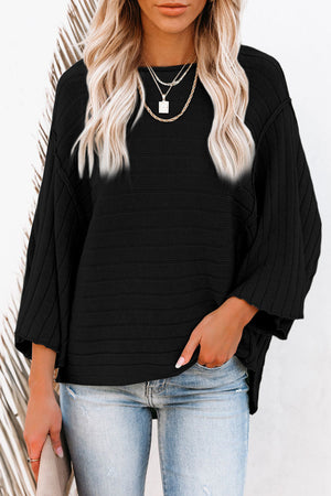 Apricot Solid Color Ribbed Knit 3/4 Sleeve Pullover Sweater