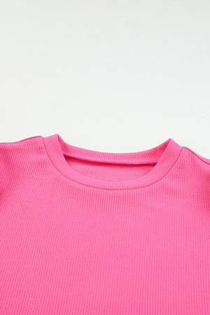 Black Ribbed Crew Neck Elegant Puff Sleeve Top