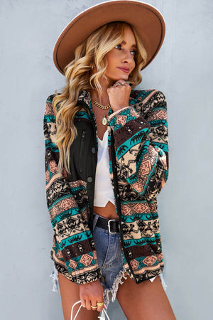Black Geometric Colorblock Colorblock Snap Button Sherpa Jacket