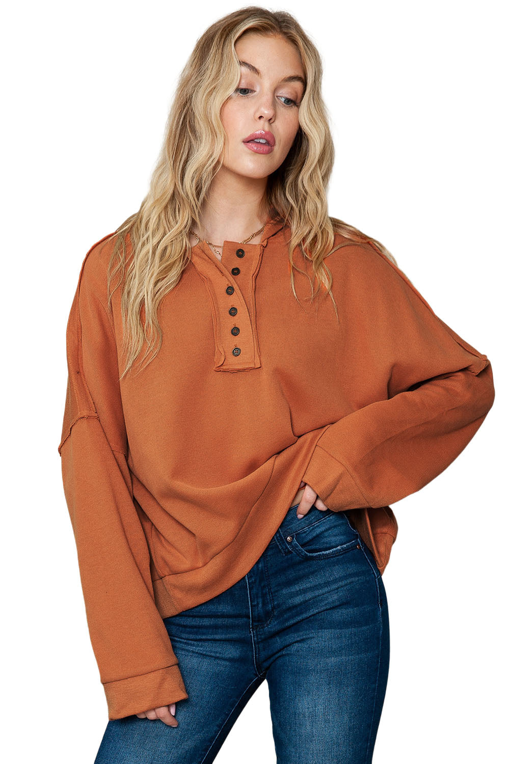 Orange Basic & Casual Button Front Pullover Hoodie