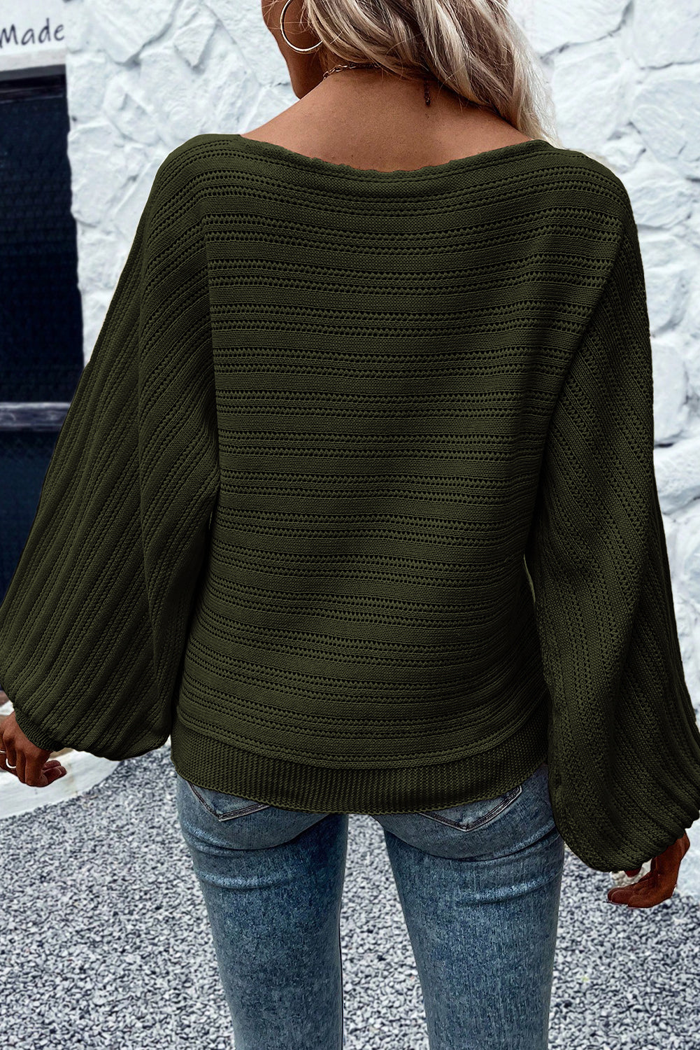 Black Lantern Sleeve Eyelets Knit Sweater