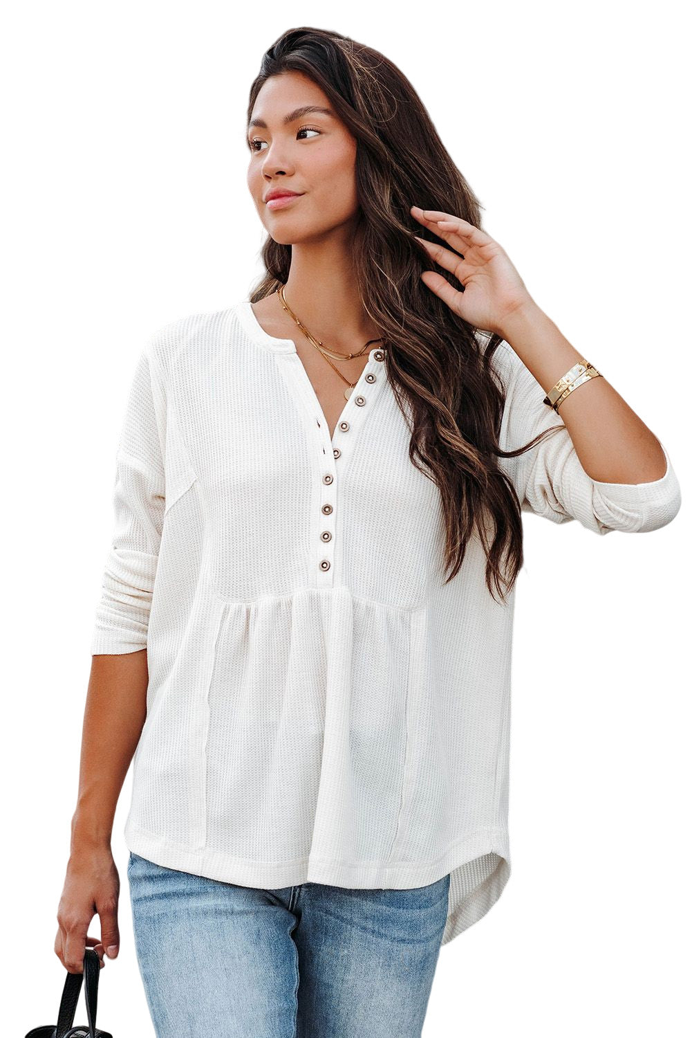 Brown Waffle Knit Casual Button Henley Top
