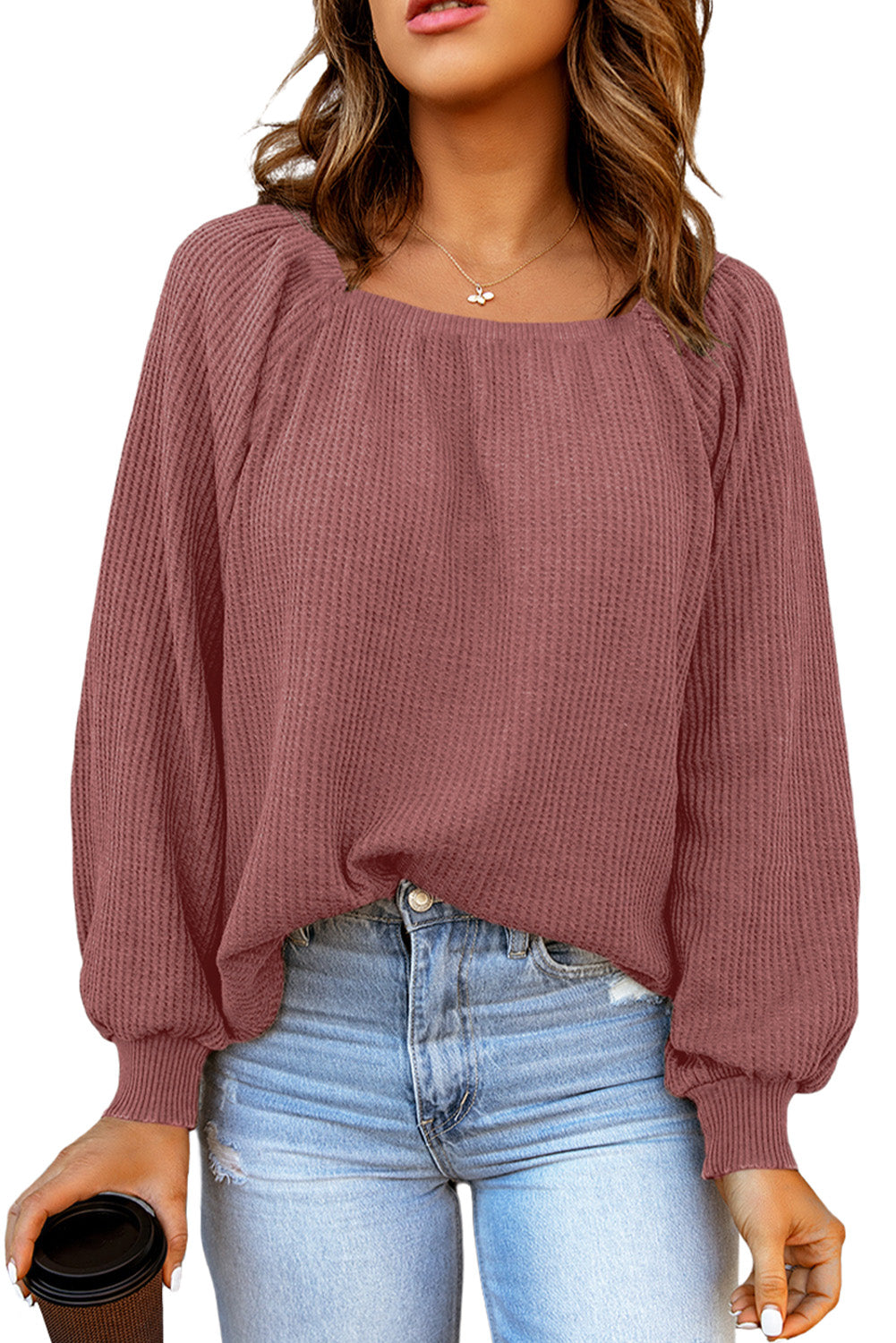 Pink Waffle Texture Casual Square Neck Pullover Top