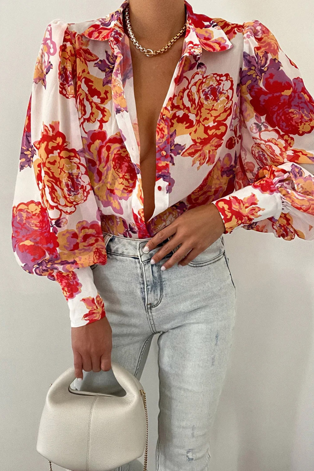 Multicolor Swirl Color Block Print Lantern Sleeve Shirt