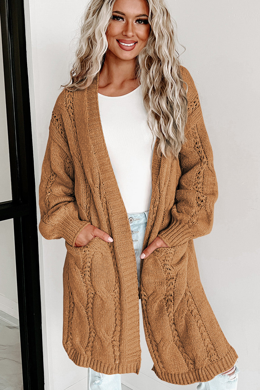 Apricot Ribbed Trim Hollow Knit Side Slits Cardigan