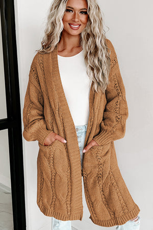 Apricot Ribbed Trim Hollow Knit Side Slits Cardigan