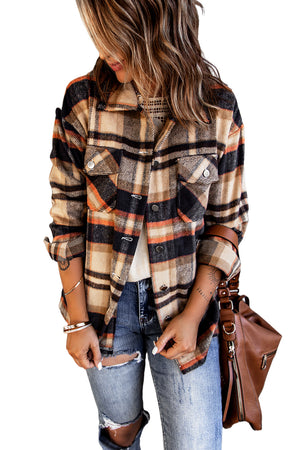 Brown Plaid Button Up Long Sleeve Flannel Jacket