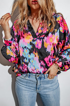 Green Graffiti Colorblock Casual V Neck Puff Sleeve Blouse