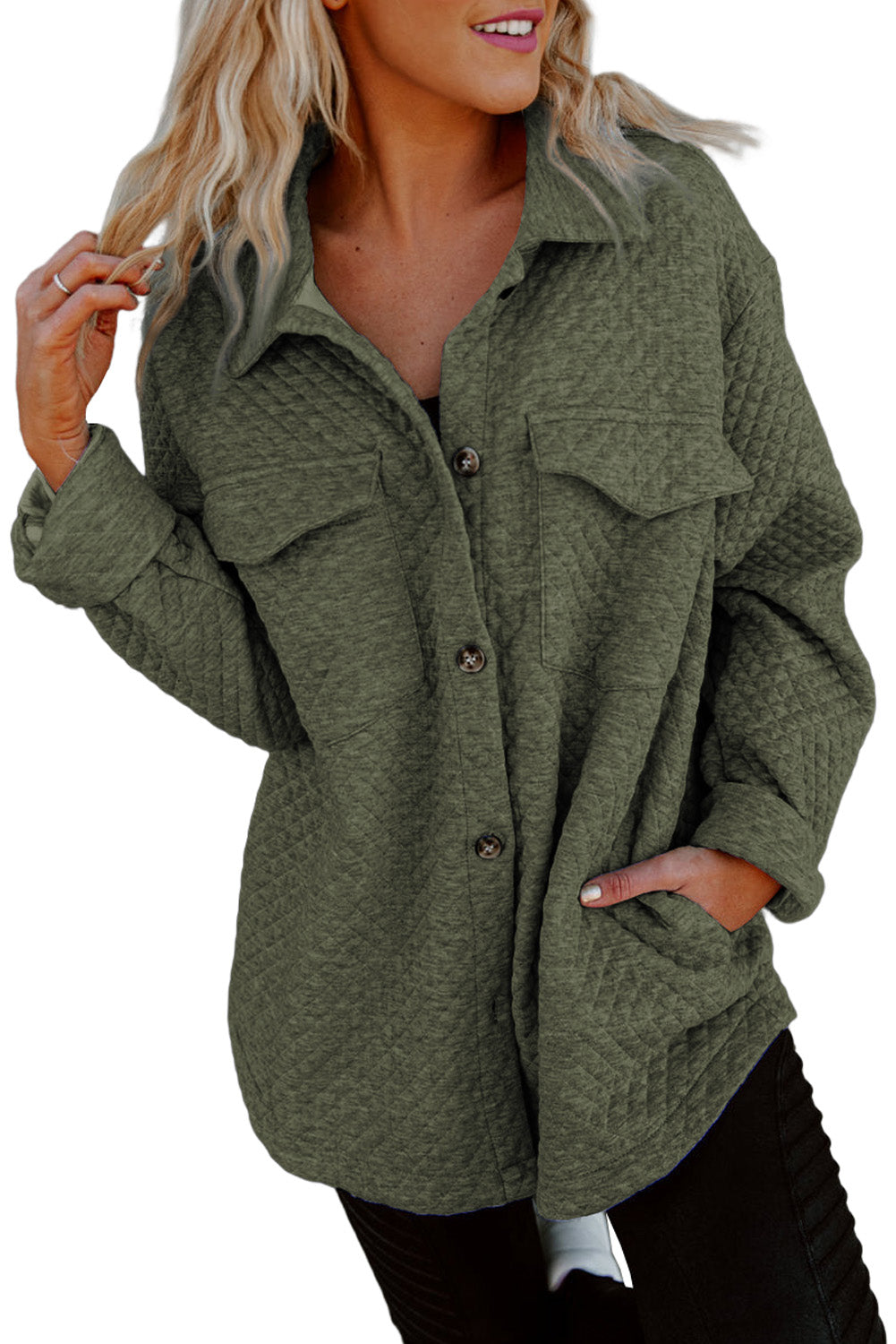 Black Lattice Texture Retro Flap Pocket Button Shacket