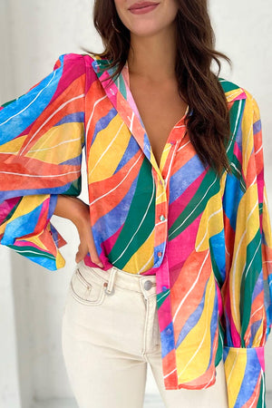 Multicolor Swirl Color Block Print Lantern Sleeve Shirt