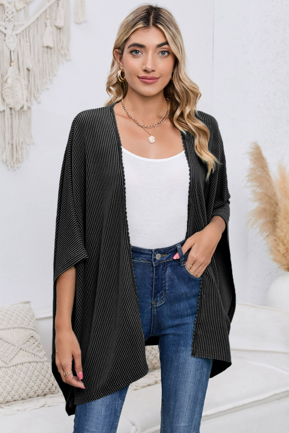 Black Textured Lace Trim Open Front Kimono Cardigan
