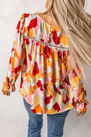 Multicolor Abstract Print Boho Ruffle Puff Sleeve Blouse