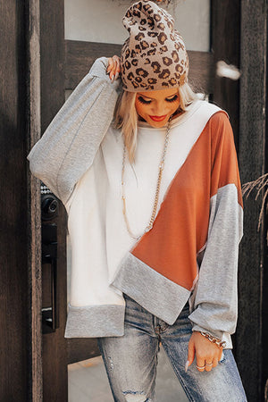 Khaki Colorblock Stitching Irregular Hem Long Sleeve Top