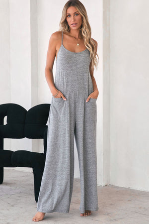 Gray Patch Pockets Spaghetti Strap Wide Leg Jumpsuit