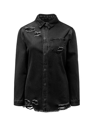 Green Casual Ripped Raw Hem Button Up Denim Shacket
