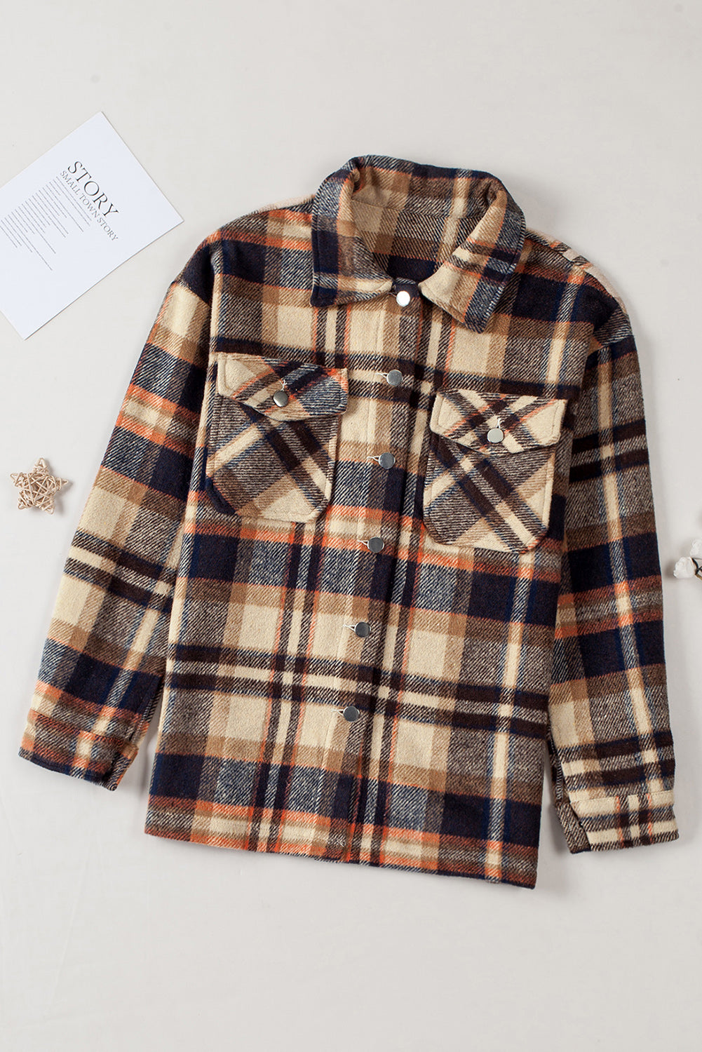 Brown Plaid Button Up Long Sleeve Flannel Jacket