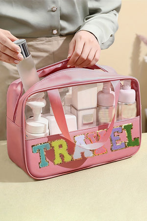 Light Pink TRAVEL Chenille Letter Clear PVC Makeup Bag