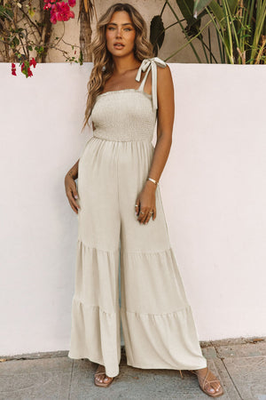 Dark Blue Tie Straps Shirred Casual Tiered Wide Leg Jumpsuit