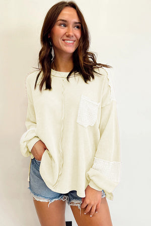 Black Waffle and Crinkle Patchwork Long Sleeve Top
