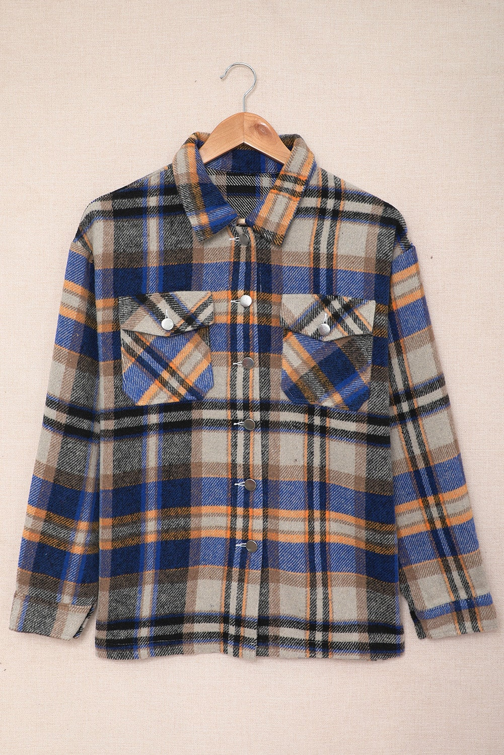 Brown Plaid Button Up Long Sleeve Flannel Jacket