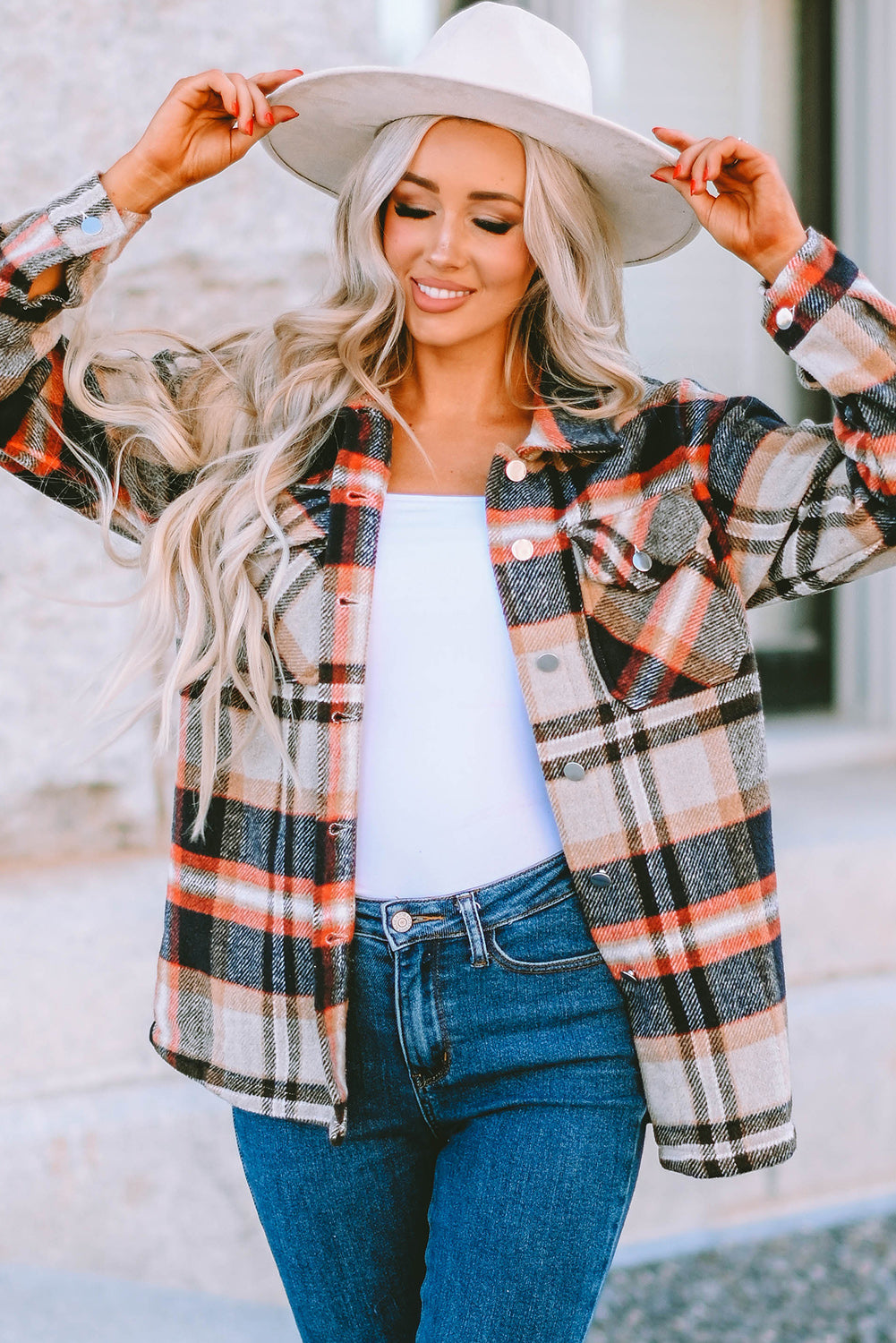 Brown Plaid Button Up Long Sleeve Flannel Jacket
