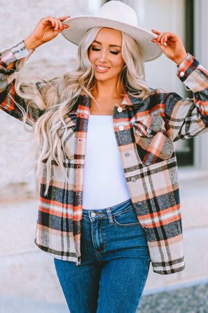Brown Plaid Button Up Long Sleeve Flannel Jacket
