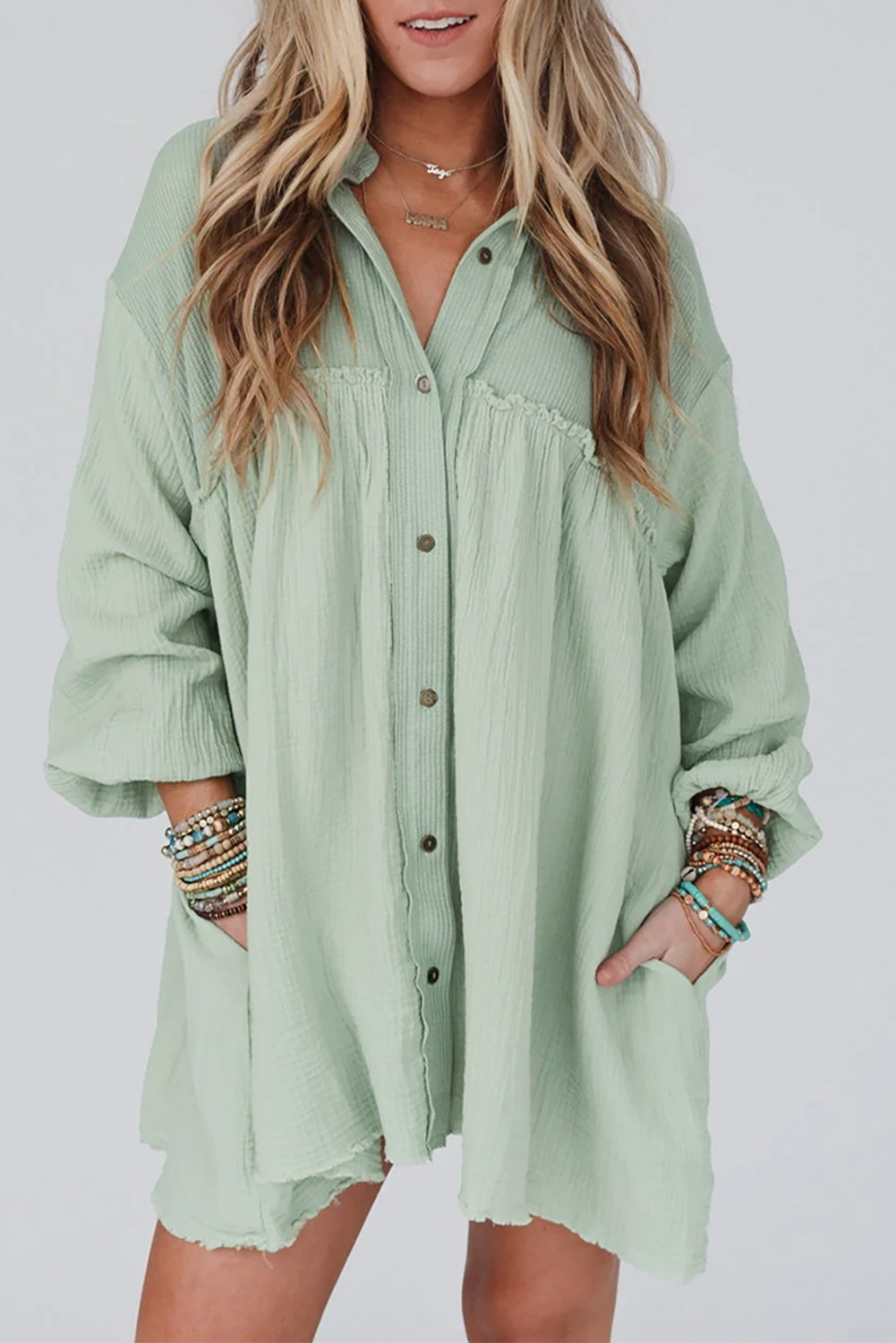 Black Ribbed and Crinkle Patchwork Puff Sleeve Shirt Dress