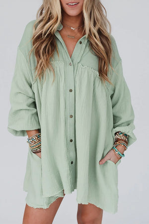 Black Ribbed and Crinkle Patchwork Puff Sleeve Shirt Dress