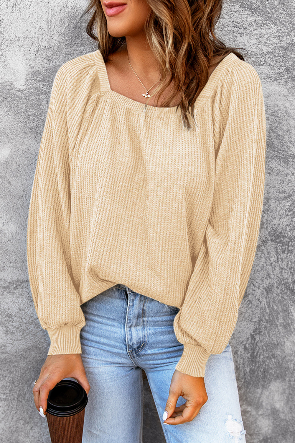Pink Waffle Texture Casual Square Neck Pullover Top