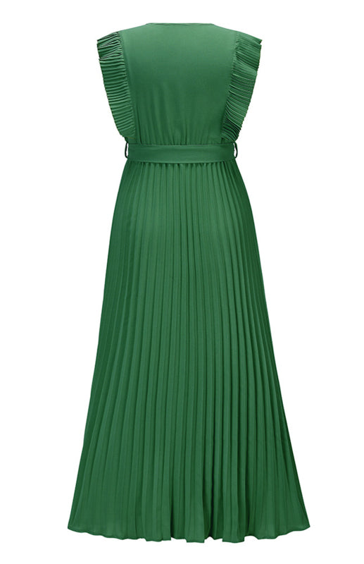 Women's Solid Color Curve Pleated Flutter Sleeve Tie Waist Maxi Dress