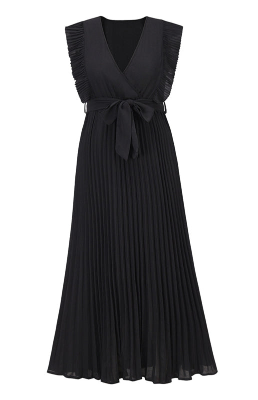 Women's Solid Color Curve Pleated Flutter Sleeve Tie Waist Maxi Dress