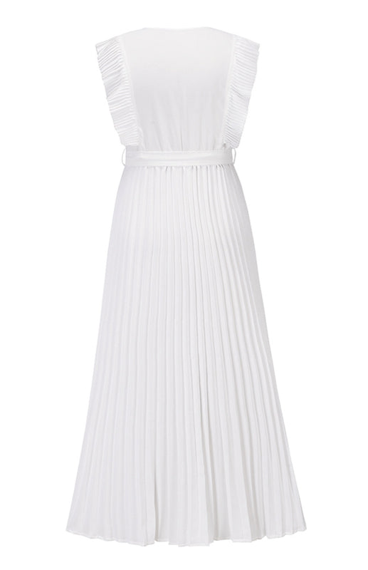 Women's Solid Color Curve Pleated Flutter Sleeve Tie Waist Maxi Dress