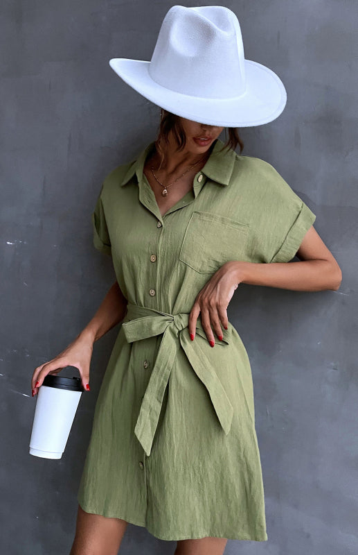 Women's Shirt Dress Green Lace Up Short Sleeve Cotton Linen Dress