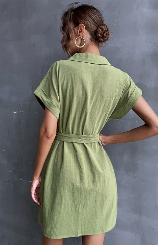 Women's Shirt Dress Green Lace Up Short Sleeve Cotton Linen Dress