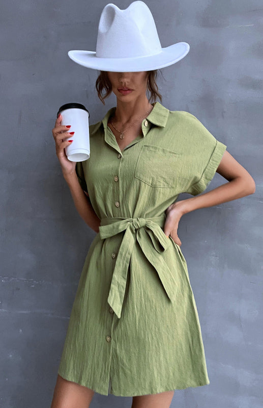 Women's Shirt Dress Green Lace Up Short Sleeve Cotton Linen Dress