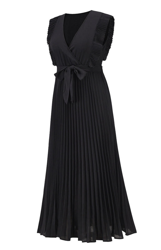 Women's Solid Color Curve Pleated Flutter Sleeve Tie Waist Maxi Dress