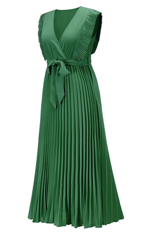 Women's Solid Color Curve Pleated Flutter Sleeve Tie Waist Maxi Dress