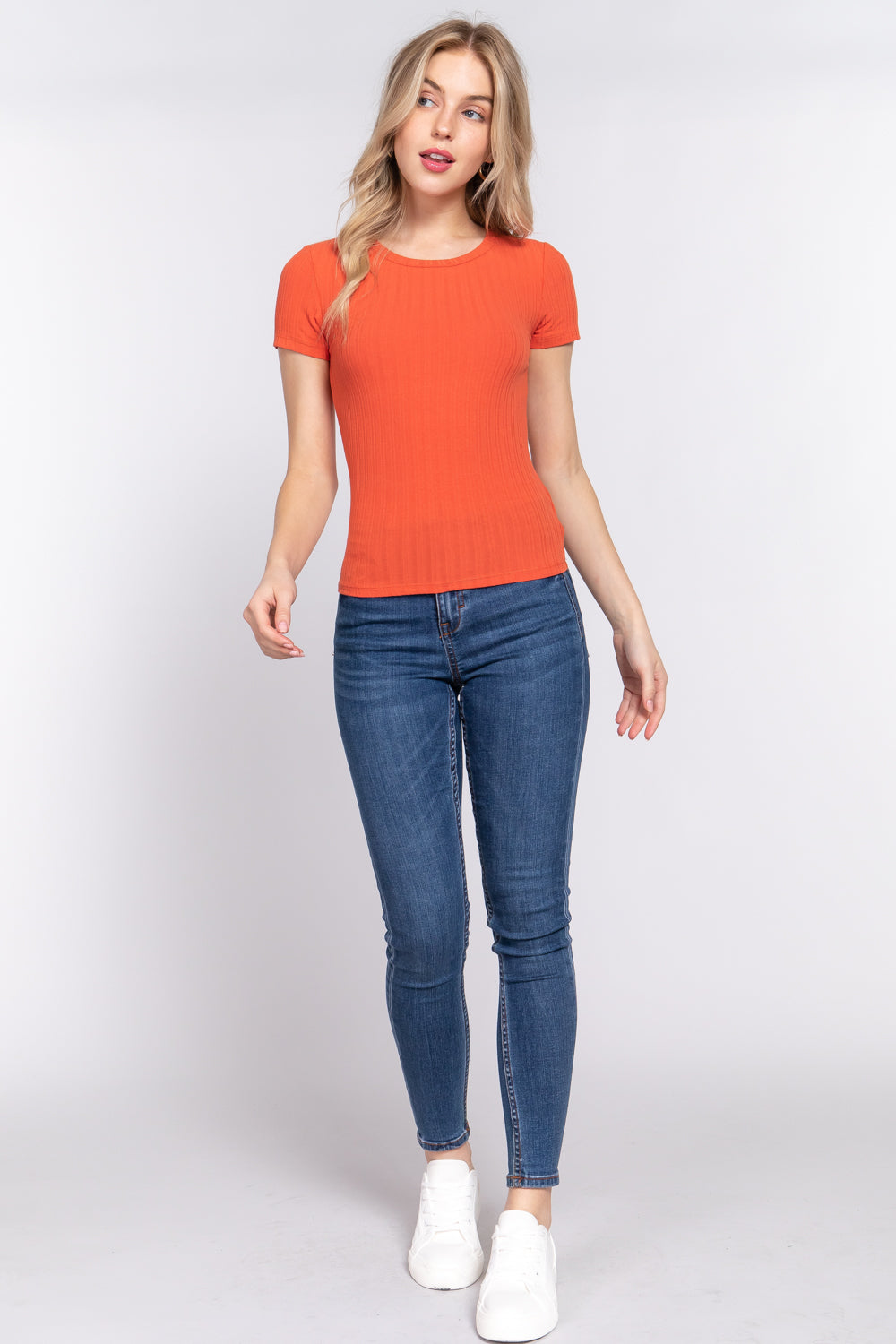 Short Slv Crew Neck Variegated Rib Knit Top