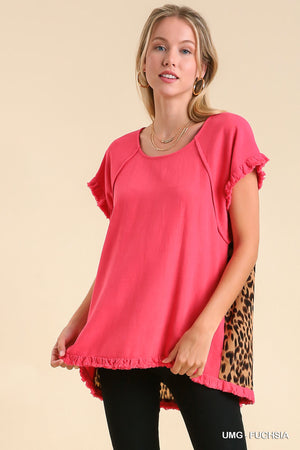 Linen Blend Short Ruffle Sleeve Round Neck Top With Animal Print Scoop Back