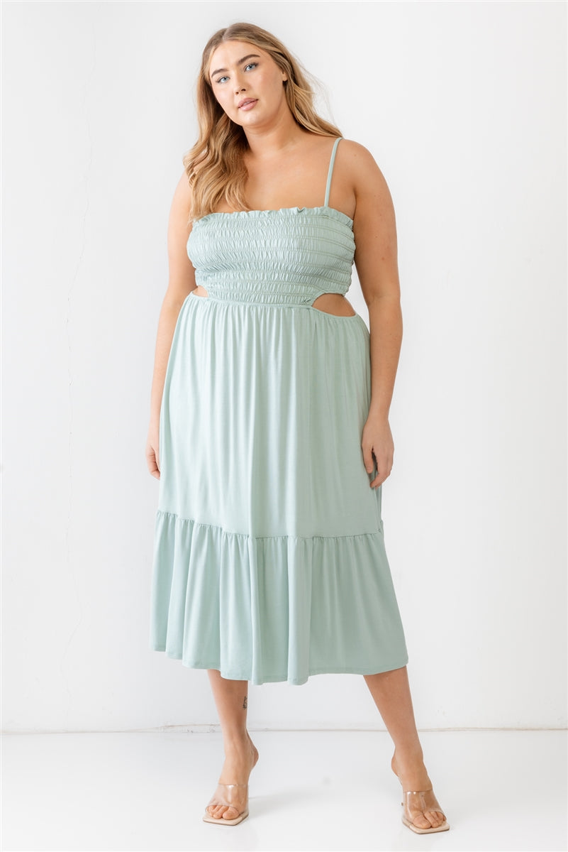 Plus Smocked Cut-out Strappy Flare Hem Midi Dress