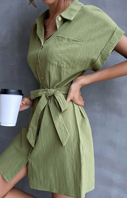 Women's Shirt Dress Green Lace Up Short Sleeve Cotton Linen Dress