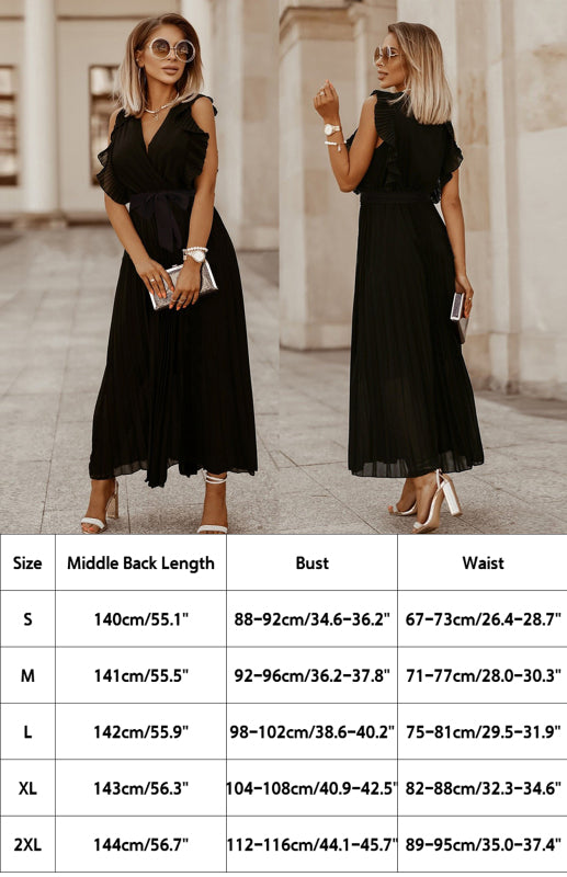 Women's Solid Color Curve Pleated Flutter Sleeve Tie Waist Maxi Dress