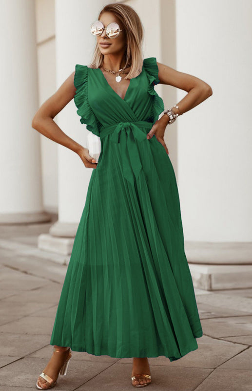 Women's Solid Color Curve Pleated Flutter Sleeve Tie Waist Maxi Dress