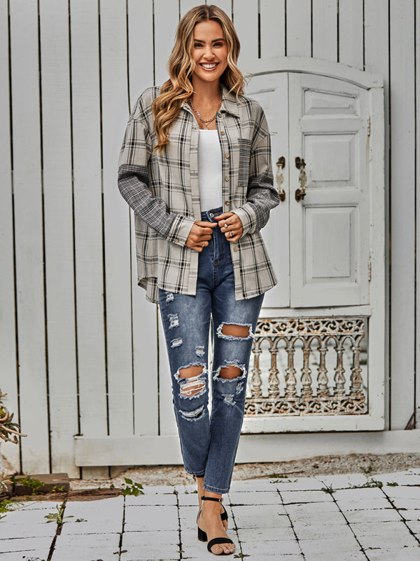 Women's single breasted Plaid stitched shirt