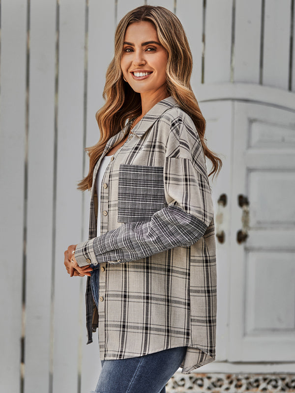 Women's single breasted Plaid stitched shirt