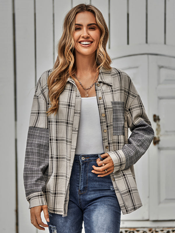 Women's single breasted Plaid stitched shirt