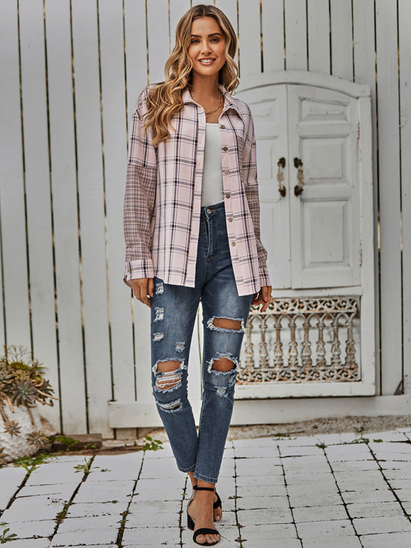 Women's single breasted Plaid stitched shirt