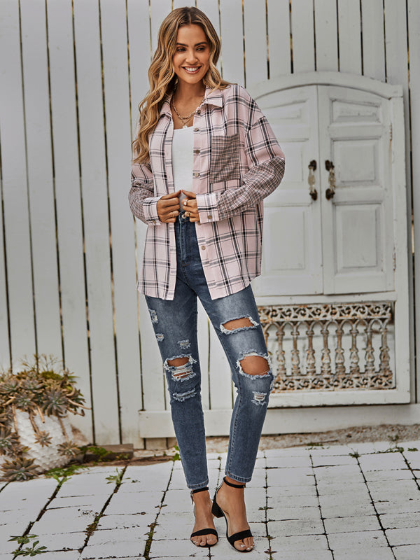 Women's single breasted Plaid stitched shirt