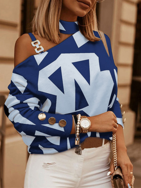 Check Geometric Pattern Print Long Sleeve Chain Halter Print Button Top