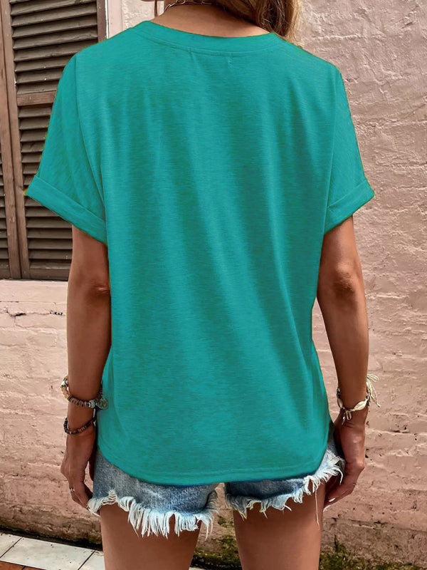 Women's solid color casual button-up short-sleeve T-shirt